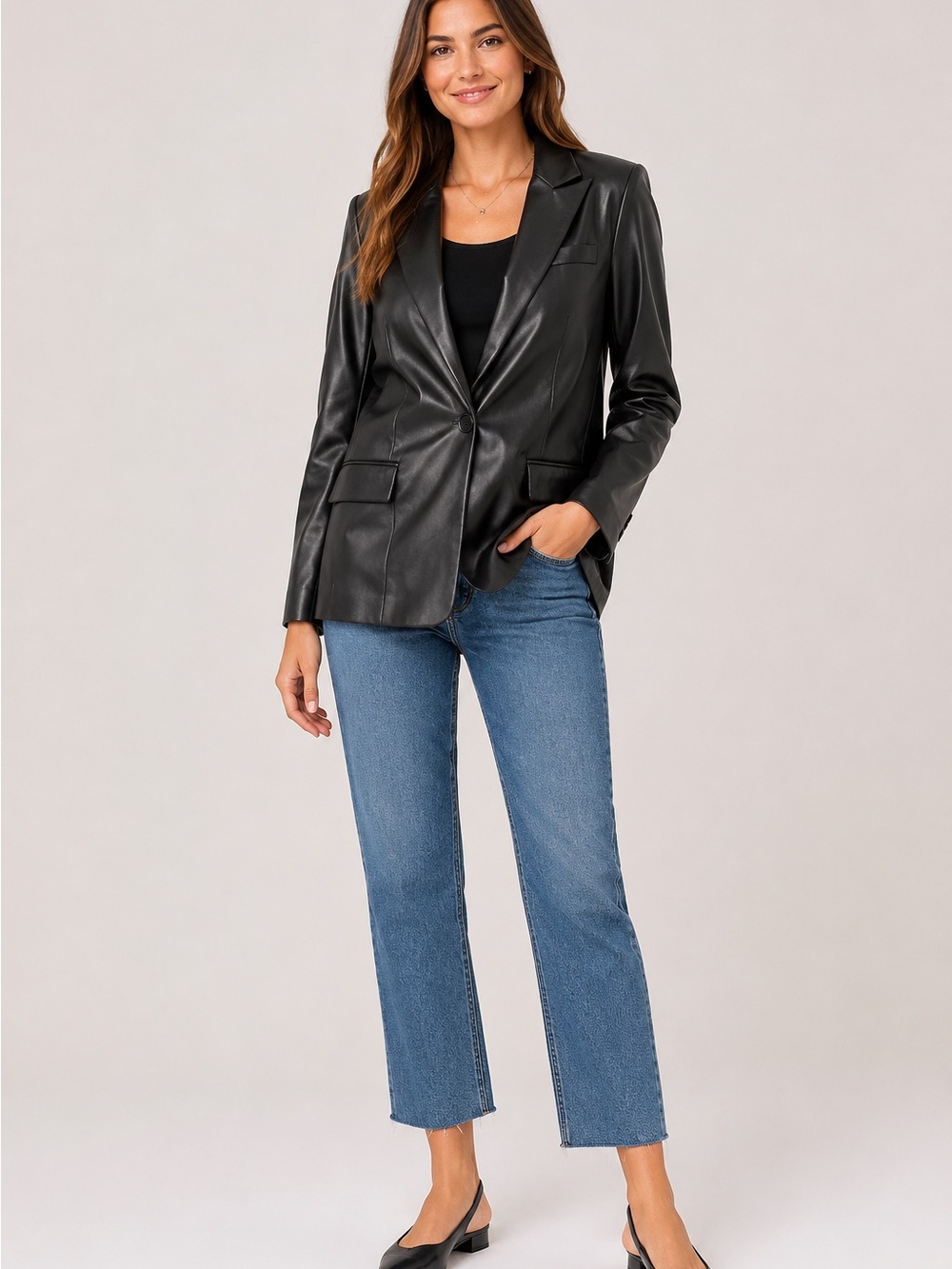 Endless Rose Faux Leather Blazer Black Single Button Jacket NWT
